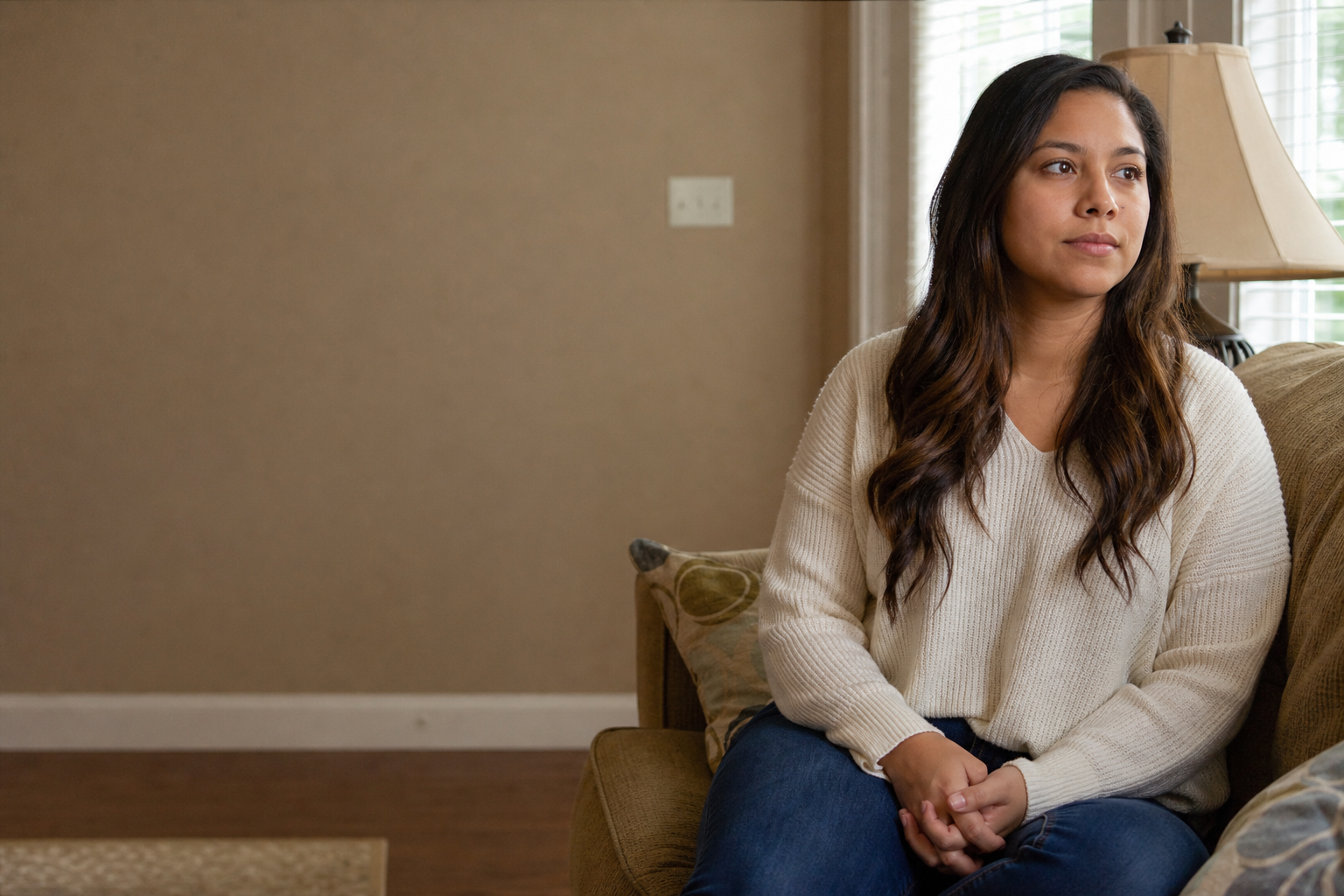 Pensive woman sitting quietly in daylight, calm — not distraught